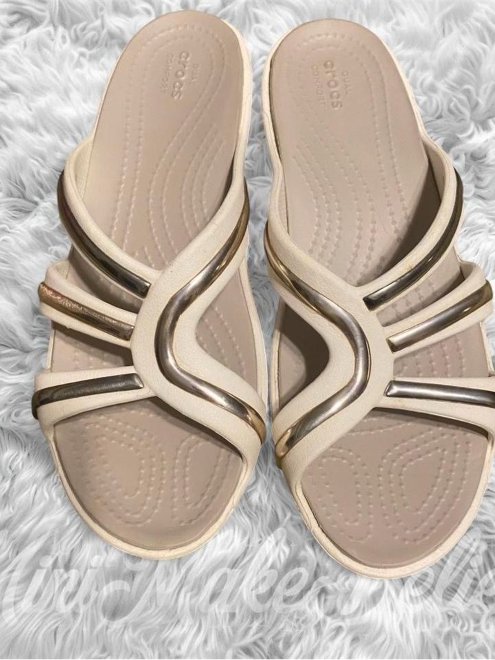 CROCS Women's Beige Slide Sandals with Metallic Gold Accents